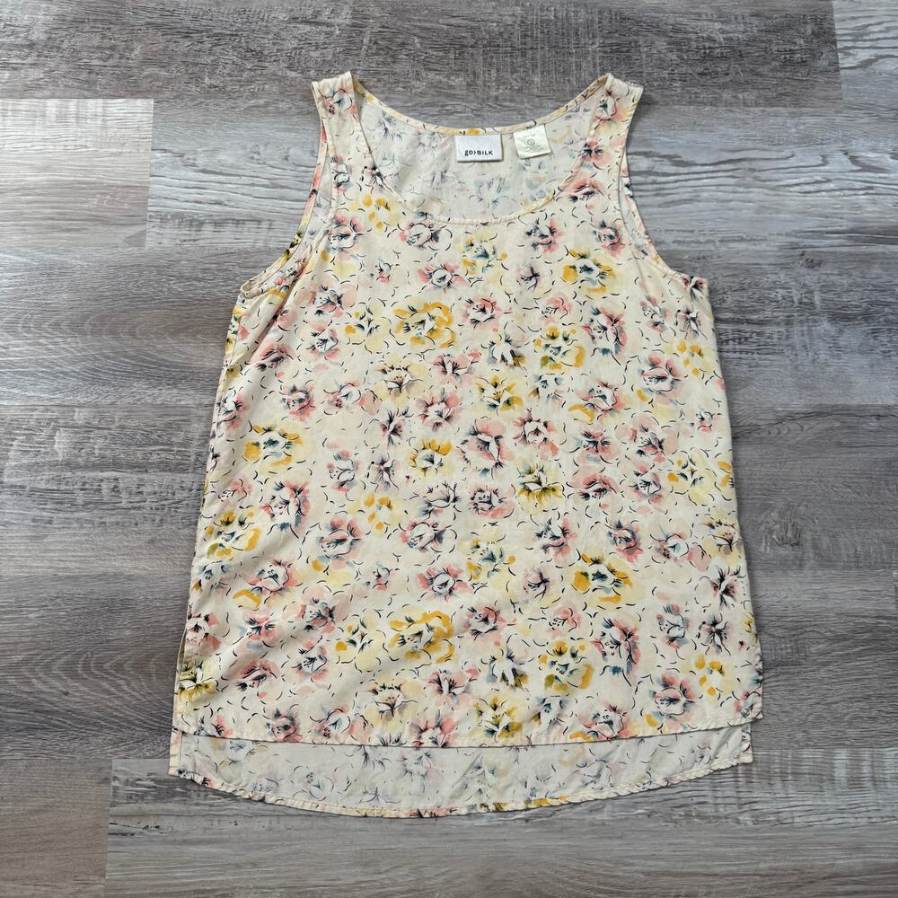 Go Silk 100% Silk Floral Tank Top Cream Watercolor Minimalist Capsule Lux Small